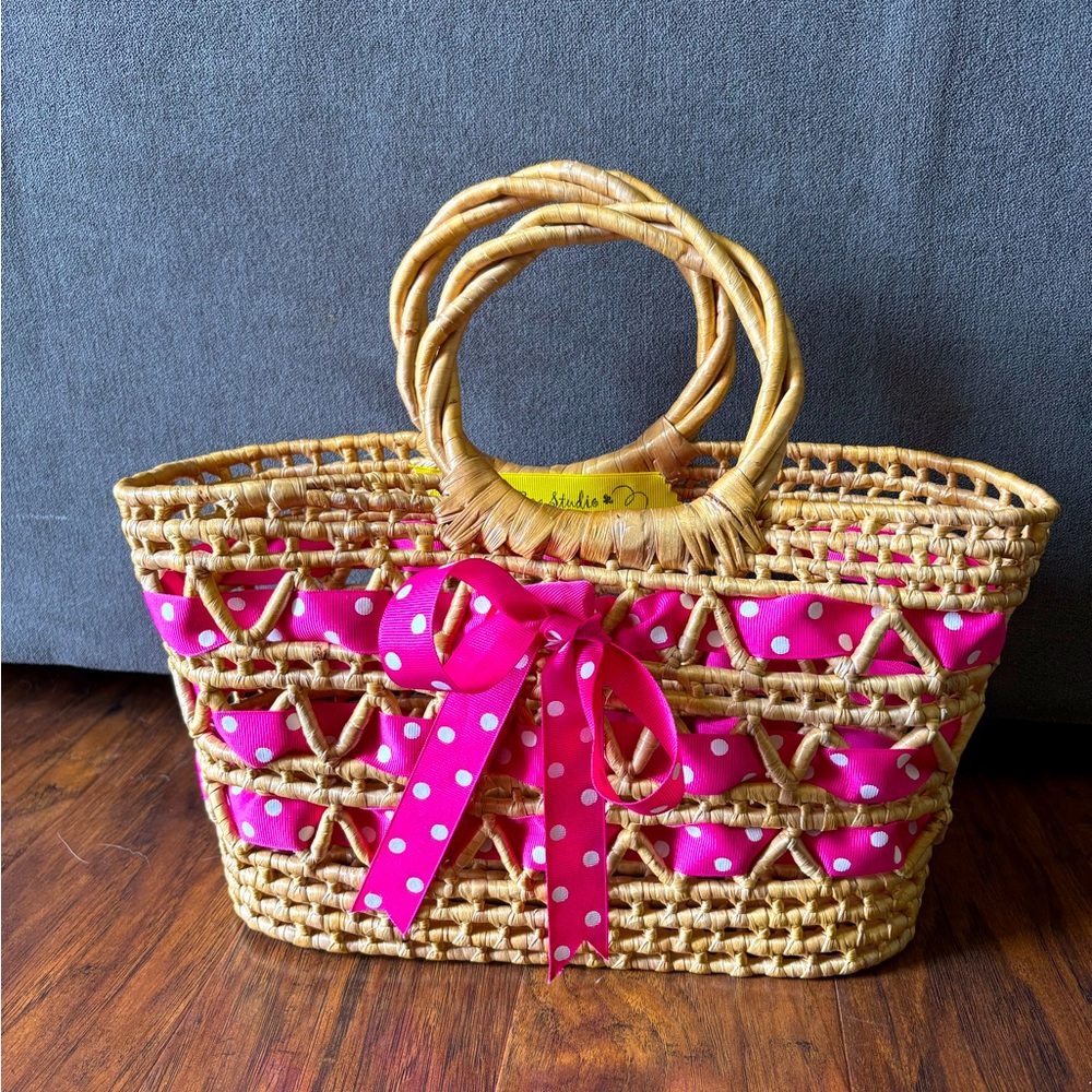 Queen Bea Studio Woven Wicker Basket Purse Handbag Pink Polka Dot